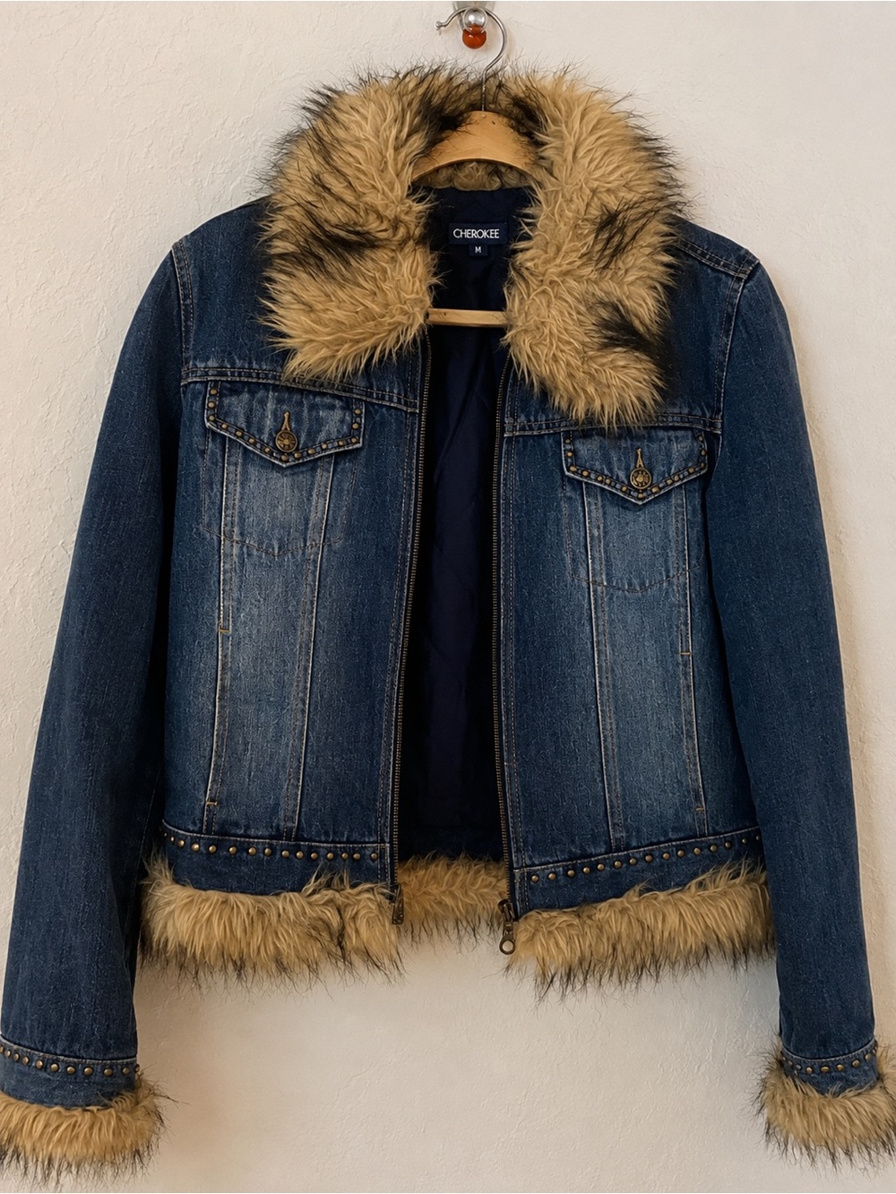 Giacca Gallery Company Blue Denim Faux Fur Trim Jacket Size M